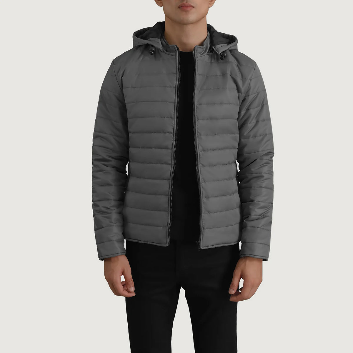 Tyler Grey Hooded Puffer Jacket For Men - The Jacket Maker Tyler Grey Hooded Puffer Jacket For Men - The Jacket Maker