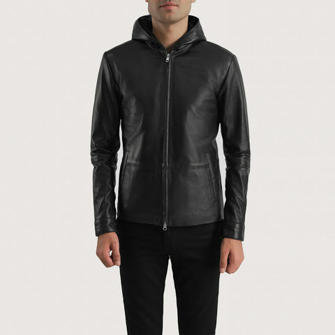 ジャケット・アウター Vintage MIT leather ribbed hooded jacket Black Rivet Black Leather Jacket with Removable Jersey Hoodie
