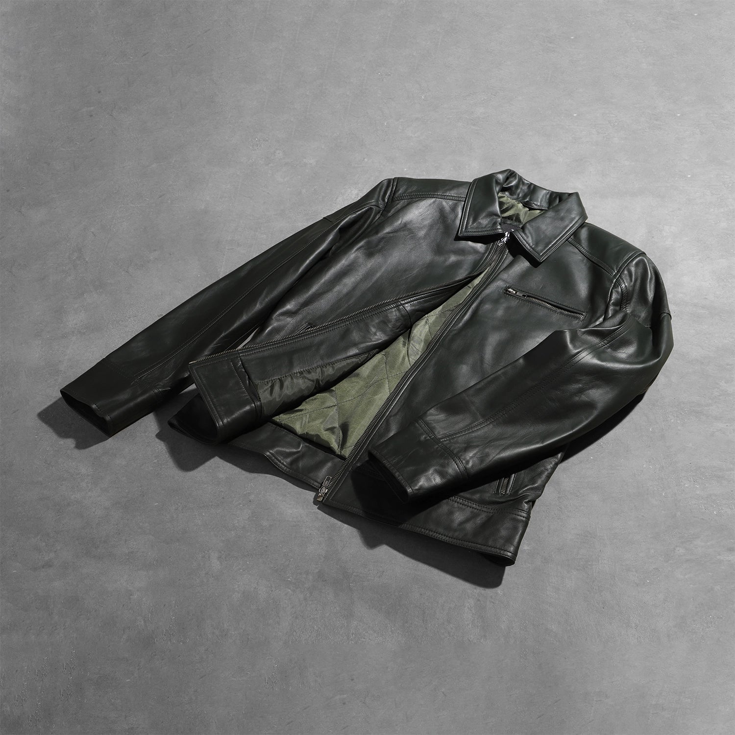 black leather jacket green backpack The Jacket Maker Men’s Lavendard Green Leather Biker Jacket