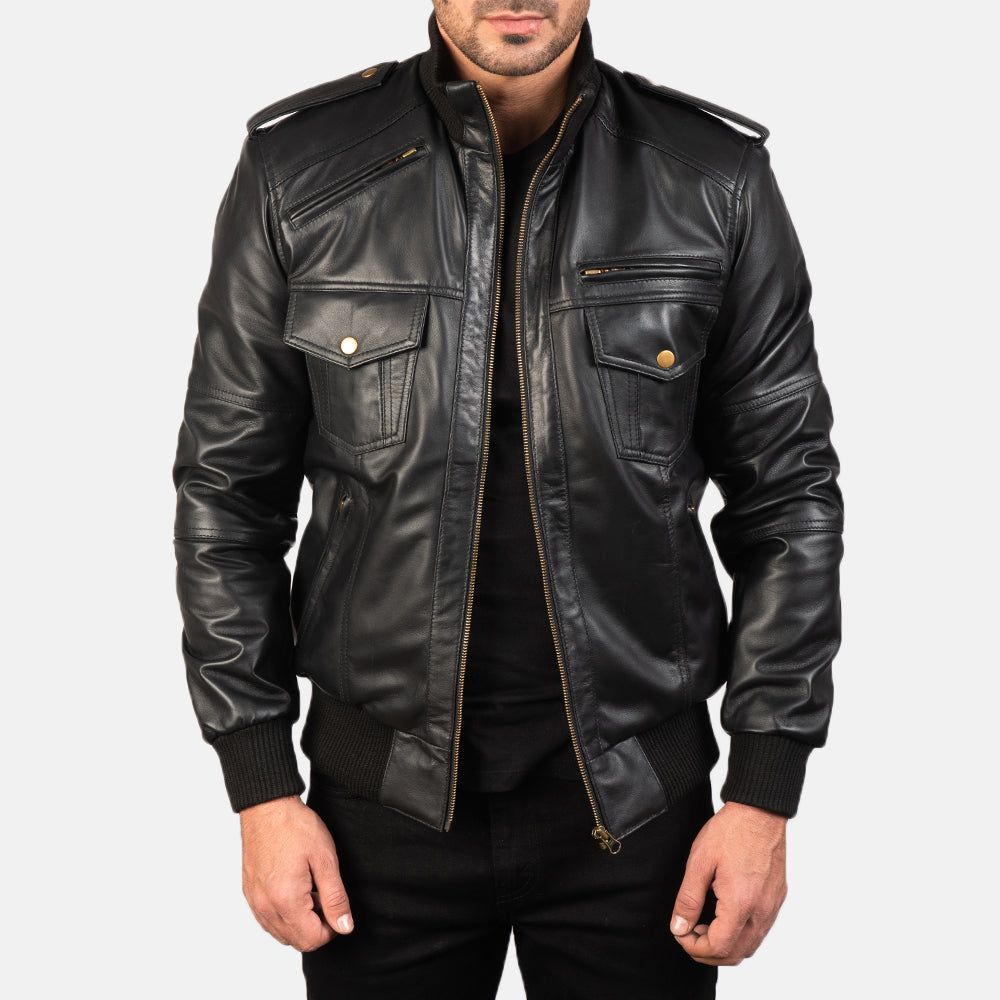 Men's Agent Shadow Black Leather Bomber Jacket – The Jacket Maker