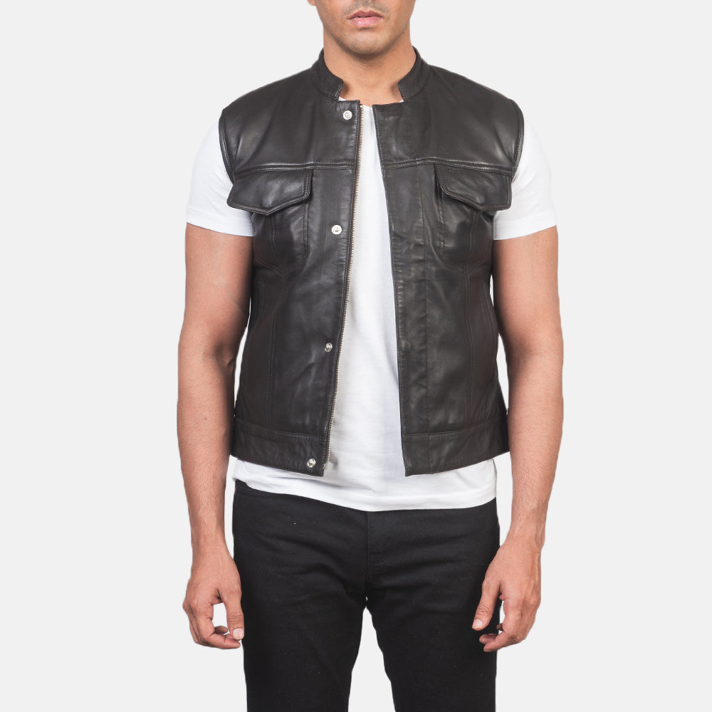 chinese dress ladies CROPPED BOWERY BLACK LEATHER VEST (MENS)