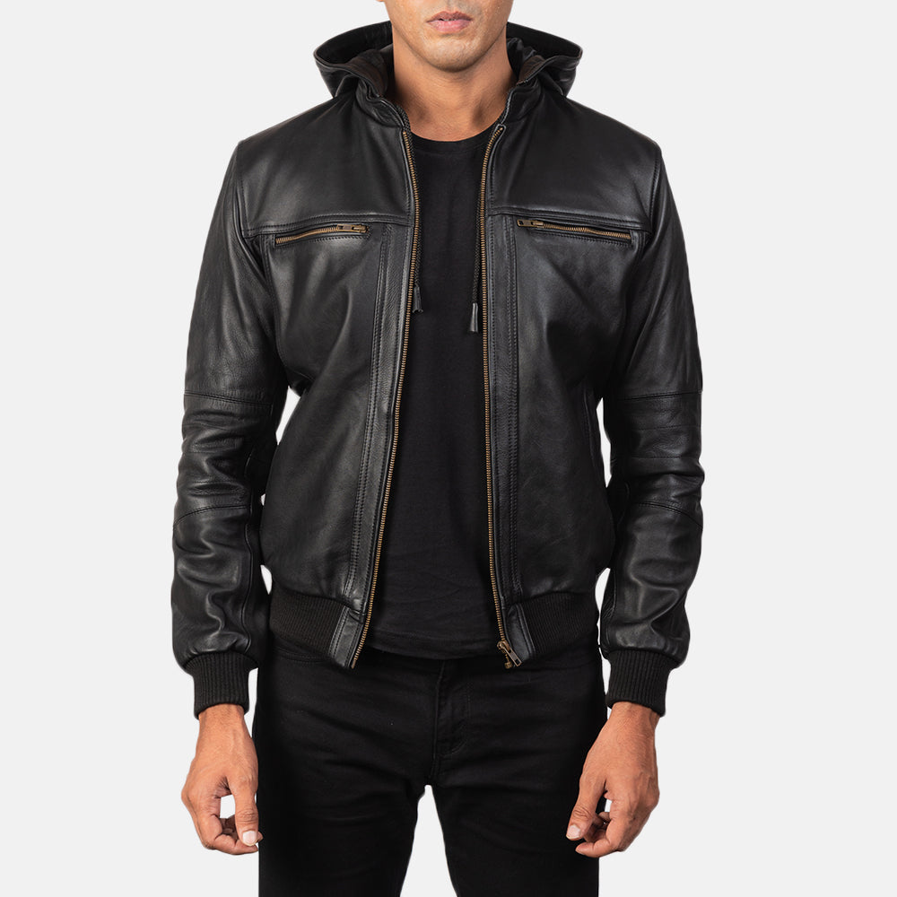 Men's Bouncer Biz Black Leather Hooded Bomber Jacket – The Jacket