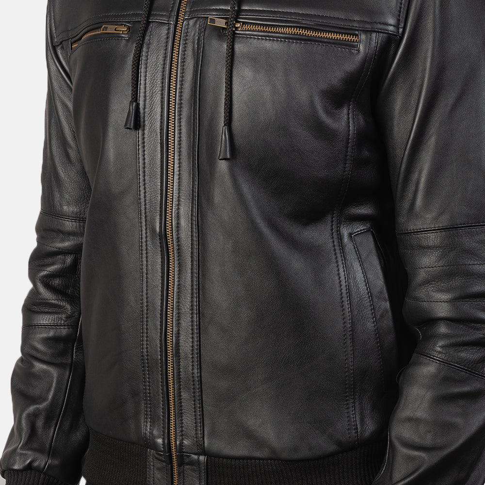 Men's Bouncer Biz Black Leather Hooded Bomber Jacket – The Jacket Maker