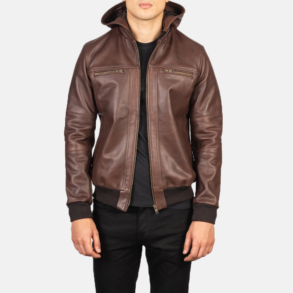 Men's Bouncer Biz Brown Leather Hooded Bomber Jacket – The Jacket