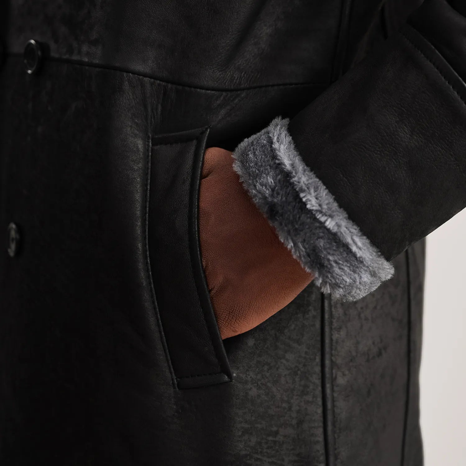 Charles Black Snuffed Leather Shearling Double-Breasted Coat - The