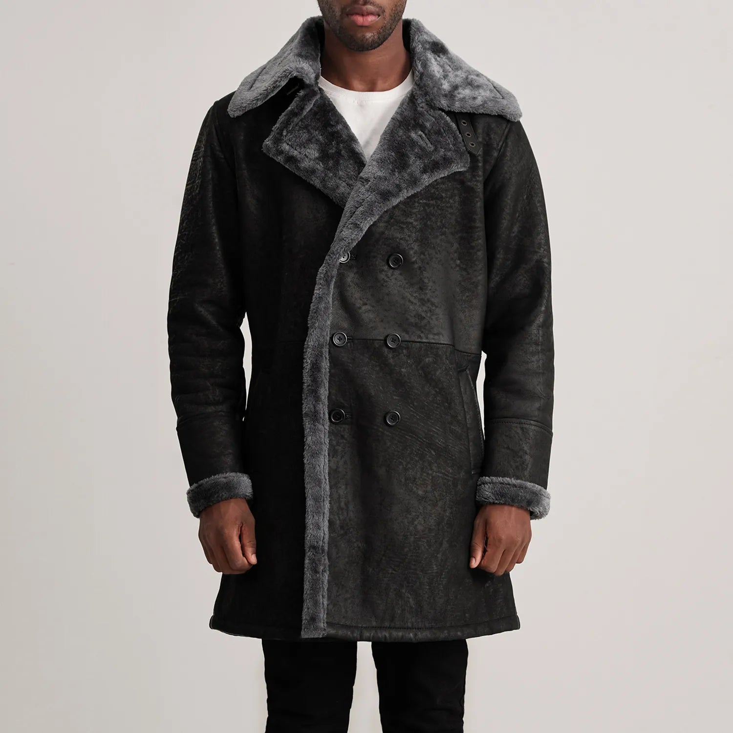 Charles Black Snuffed Leather Shearling Double-Breasted Coat - The