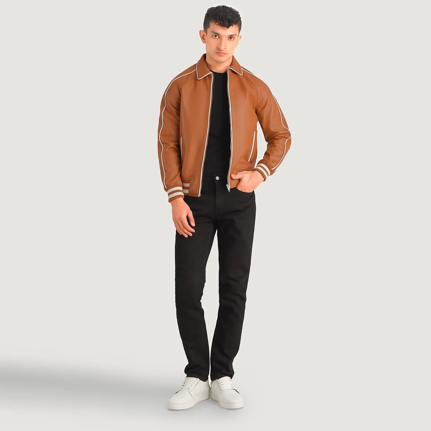 The Jacket Maker Men’s Cooper Tan Brown Leather Varsity Jacket