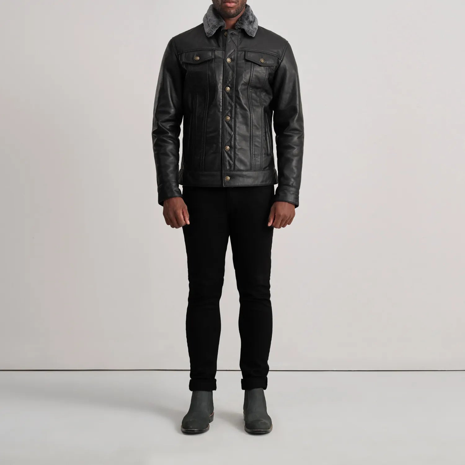 Dallis Black Leather Shearling Trucker Jacket - The Jacket Maker
