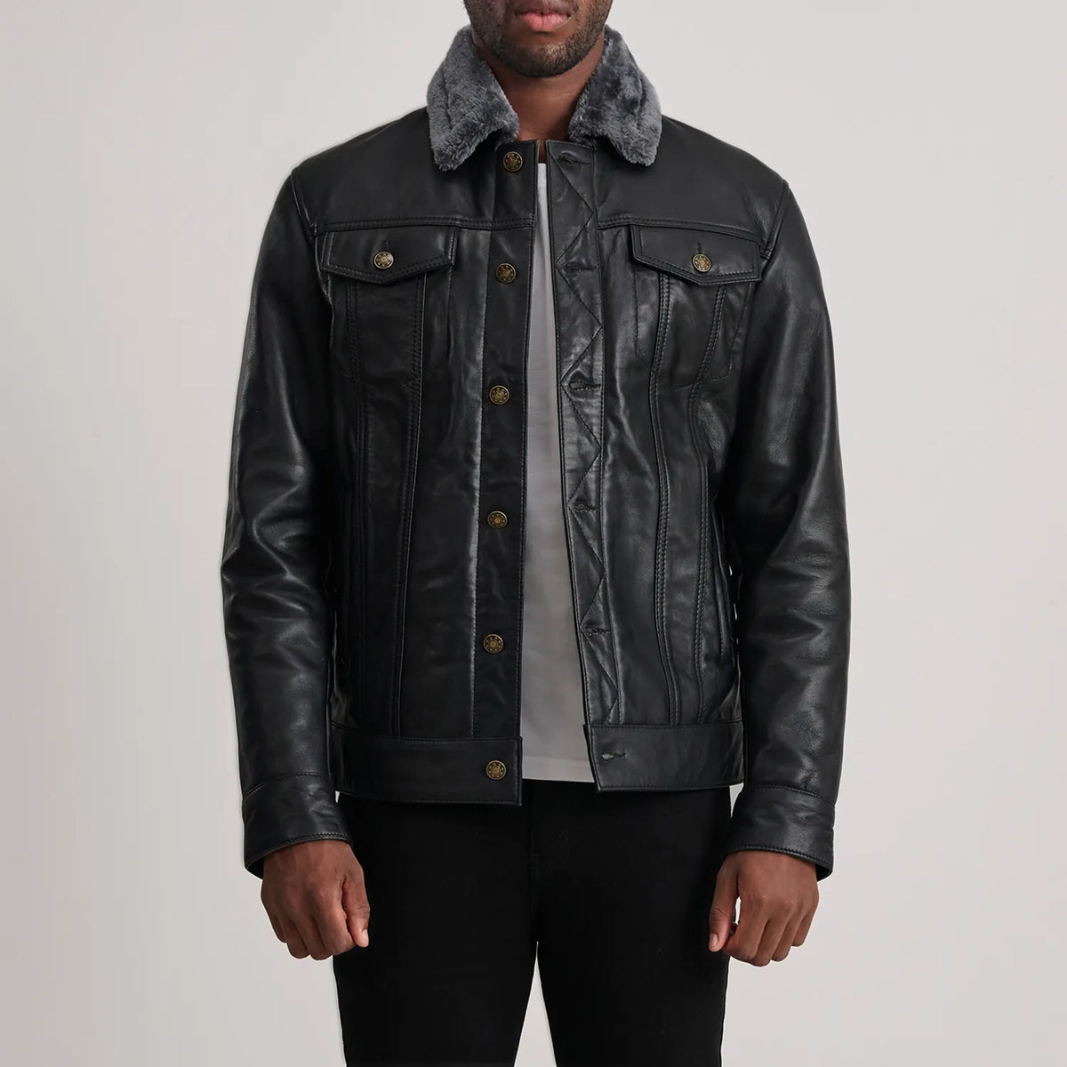 Dallis Black Leather Shearling Trucker Jacket - The Jacket Maker