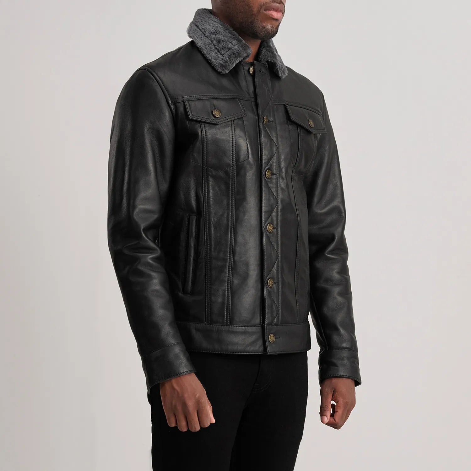 Dallis Black Leather Shearling Trucker Jacket - The Jacket Maker