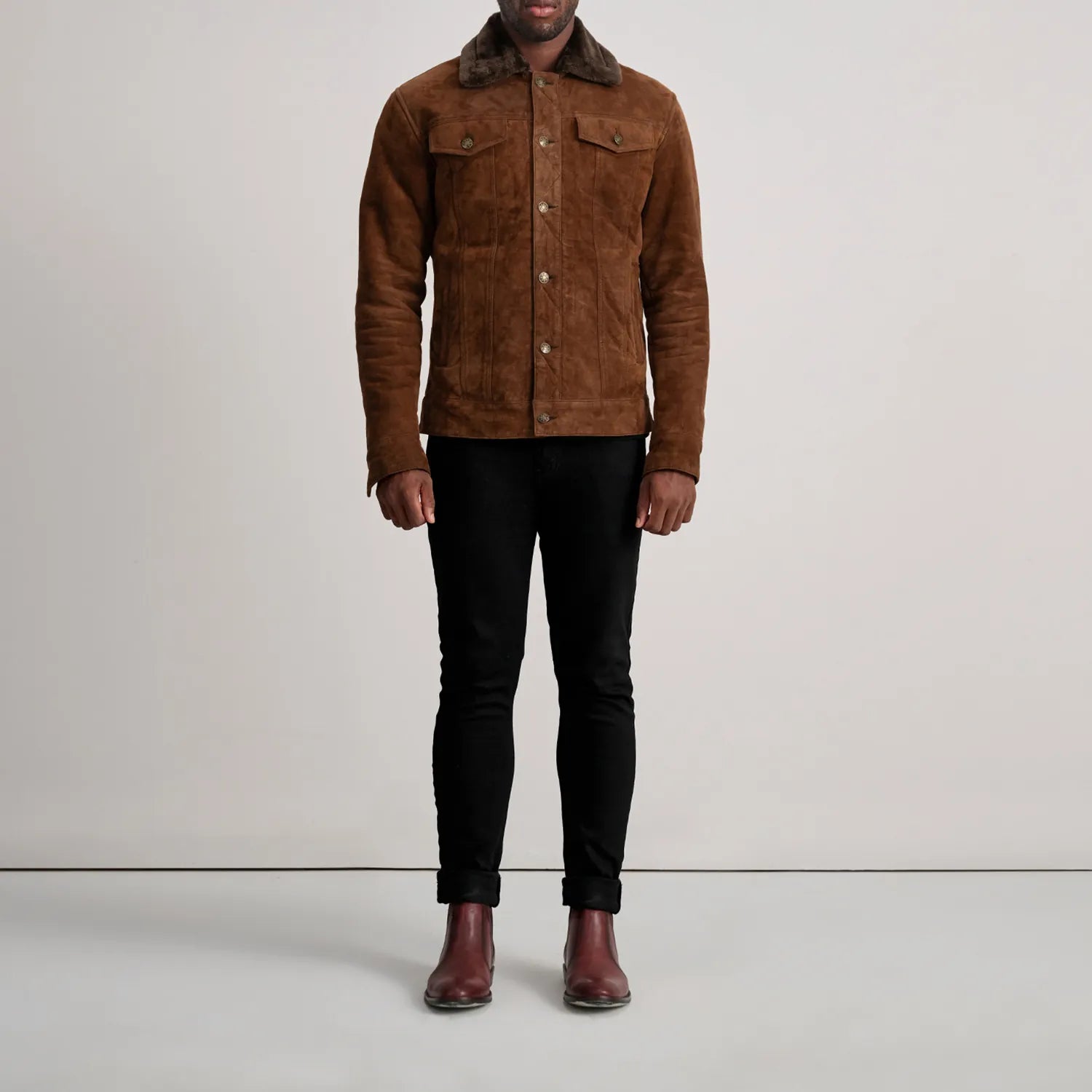 Dallis Brown Suede Shearling Trucker Jacket - The Jacket Maker