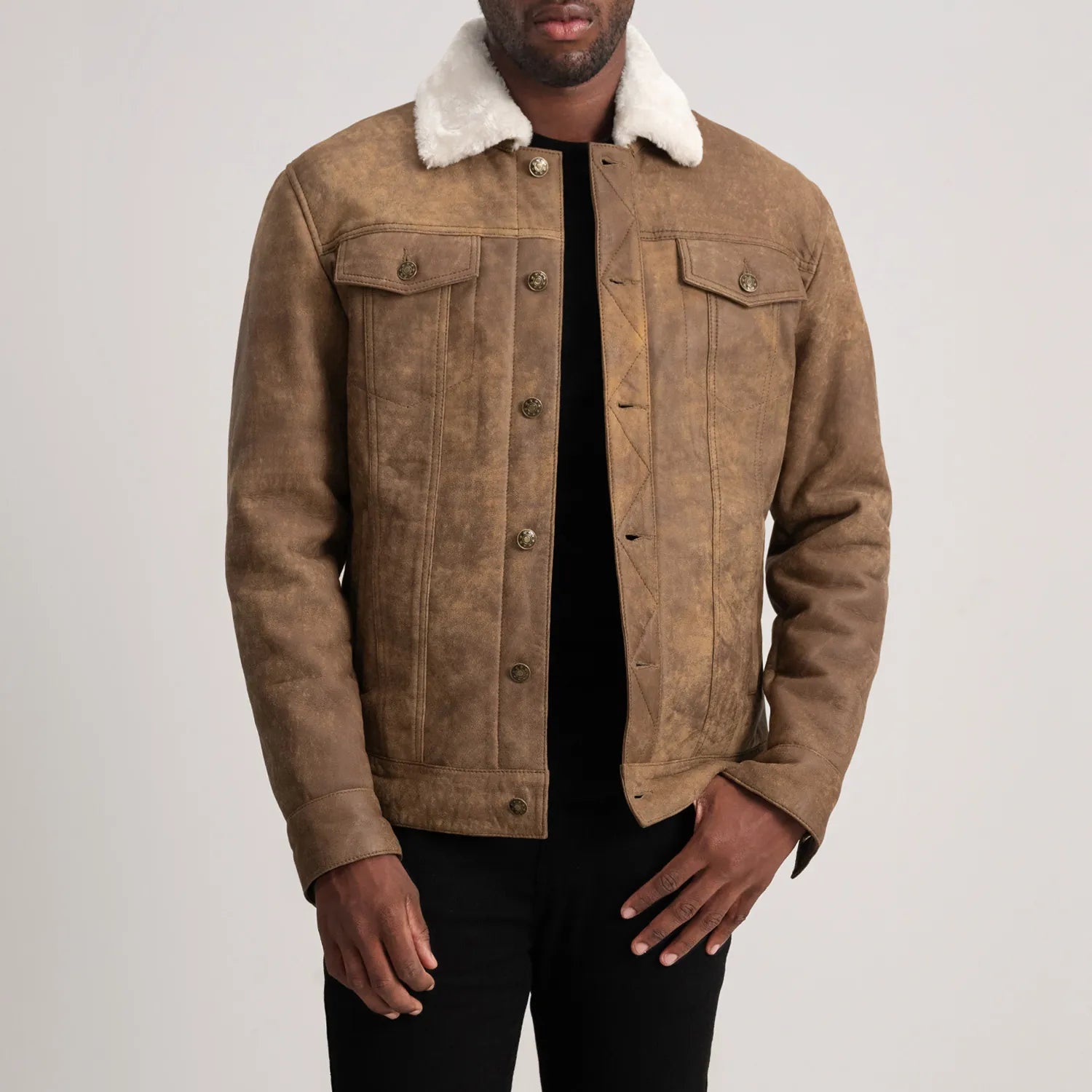 Dallis Snuffed Brown Shearling Trucker Jacket - The Jacket Maker
