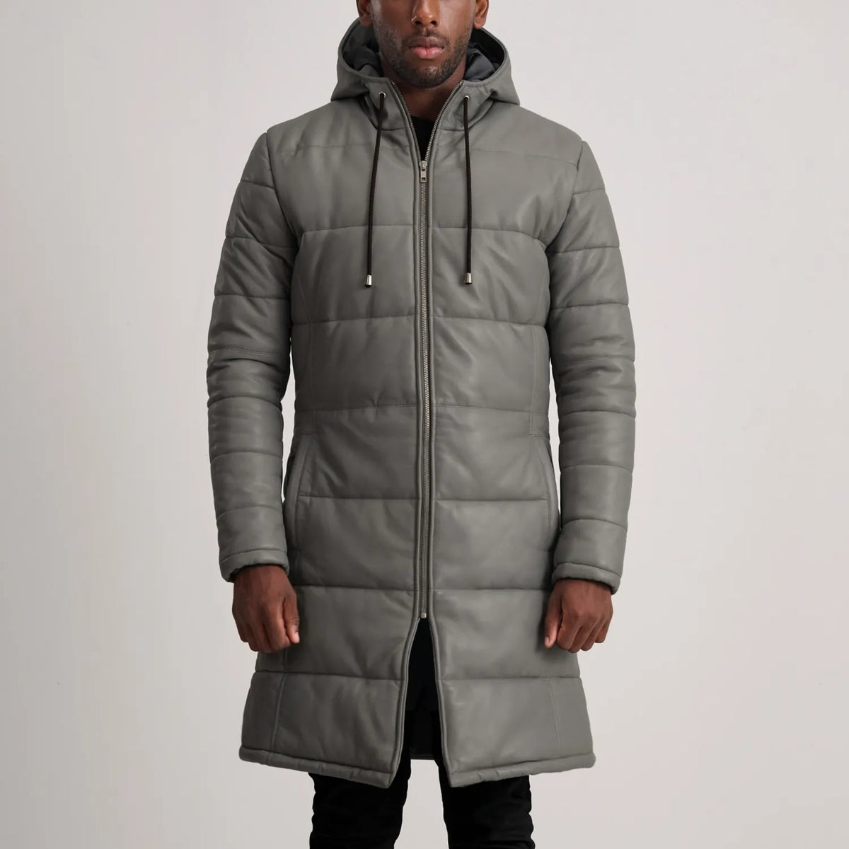 Floyd Grey Hooded Leather Puffer Coat - The Jacket Maker