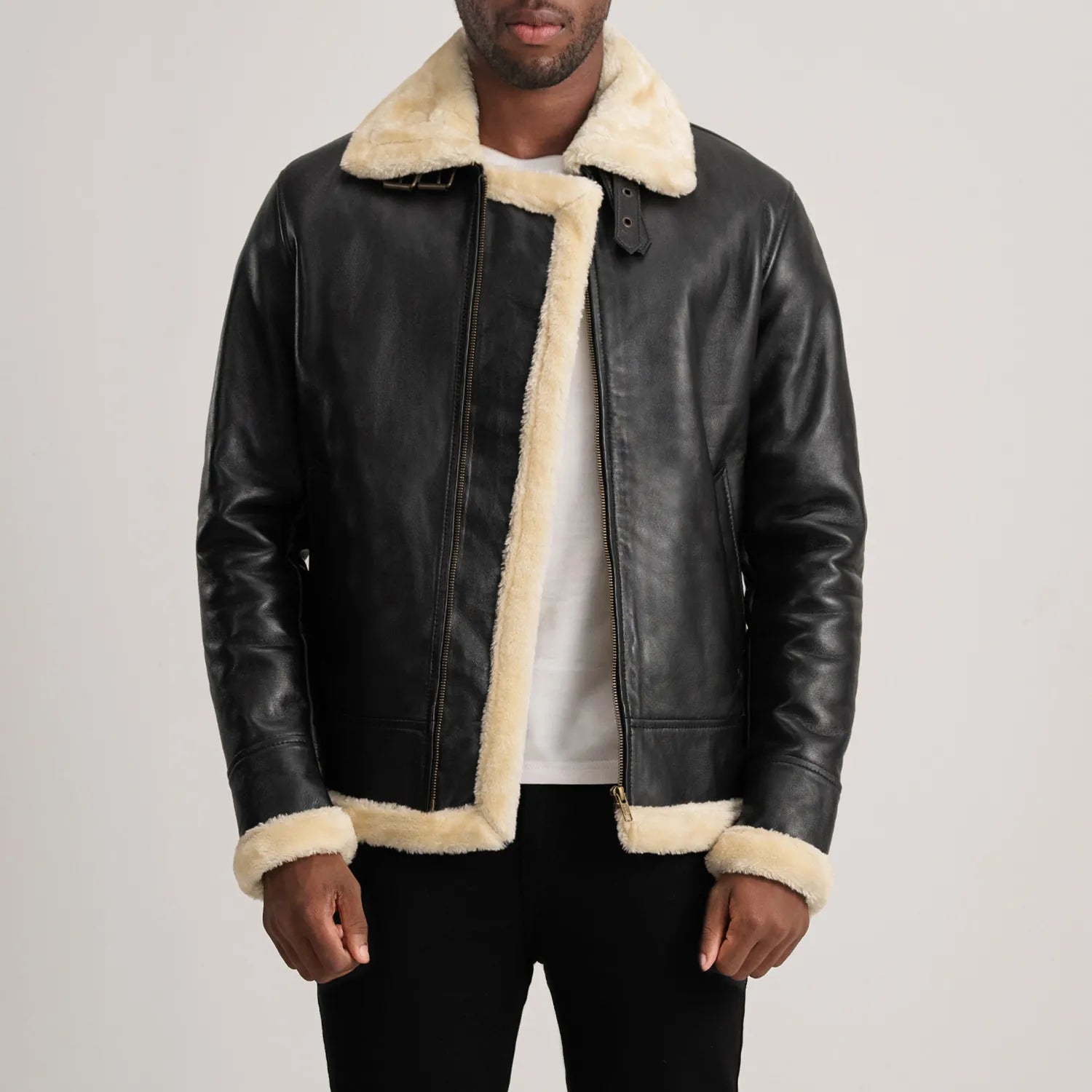 Francis B-3 Black & Cream Leather Bomber Jacket - The Jacket Maker
