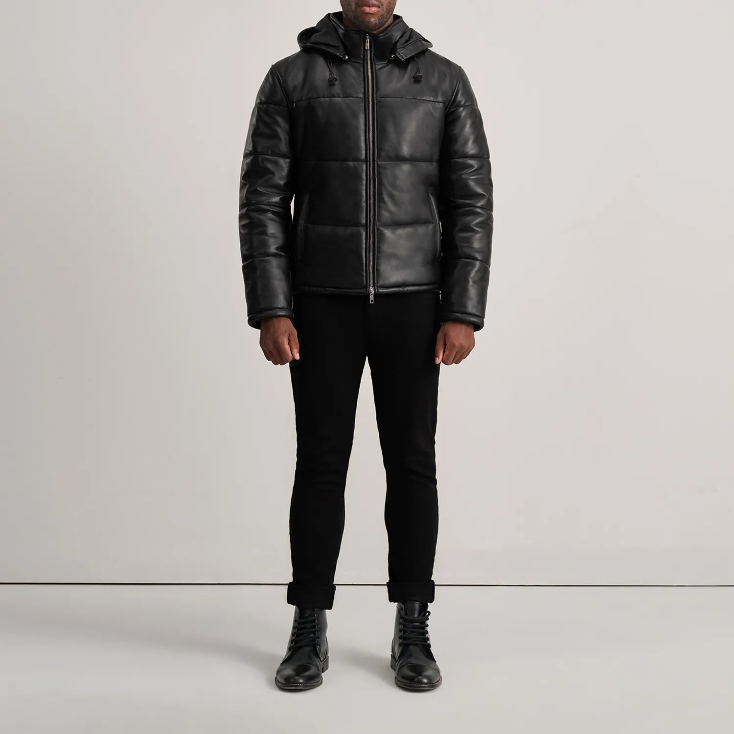 Gordon Black Hooded Leather Puffer Jacket - The Jacket Maker