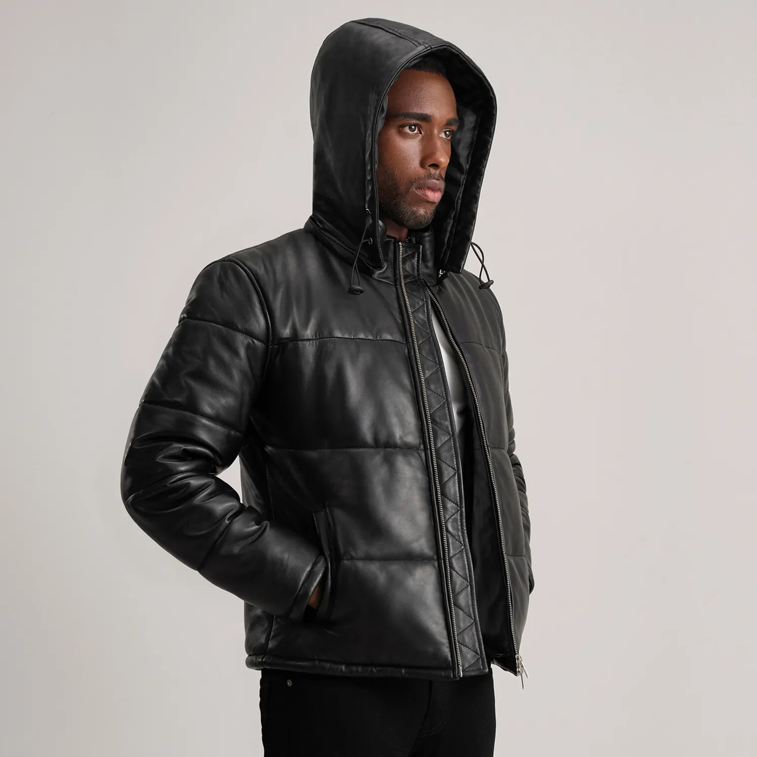 Gordon Black Hooded Leather Puffer Jacket - The Jacket Maker