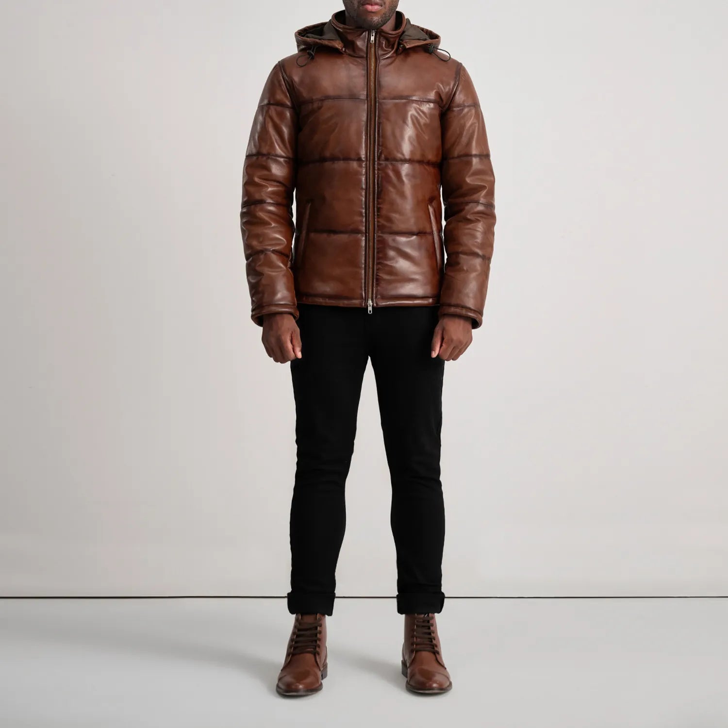 Gordon Waxed Brown Hooded Leather Puffer Jacket - The Jacket Maker