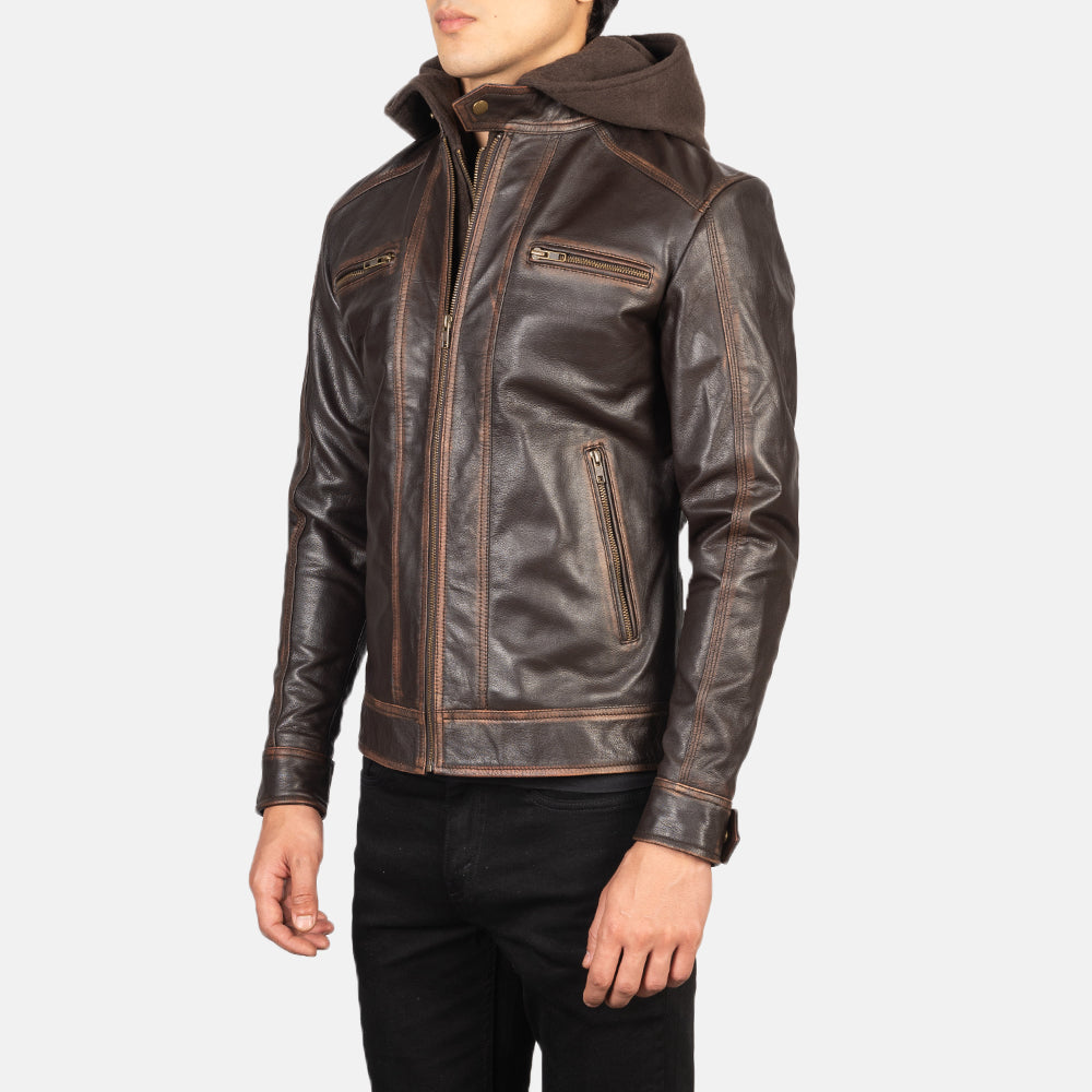 Men's Hector Vintage Brown Hooded Leather Biker Jacket – The