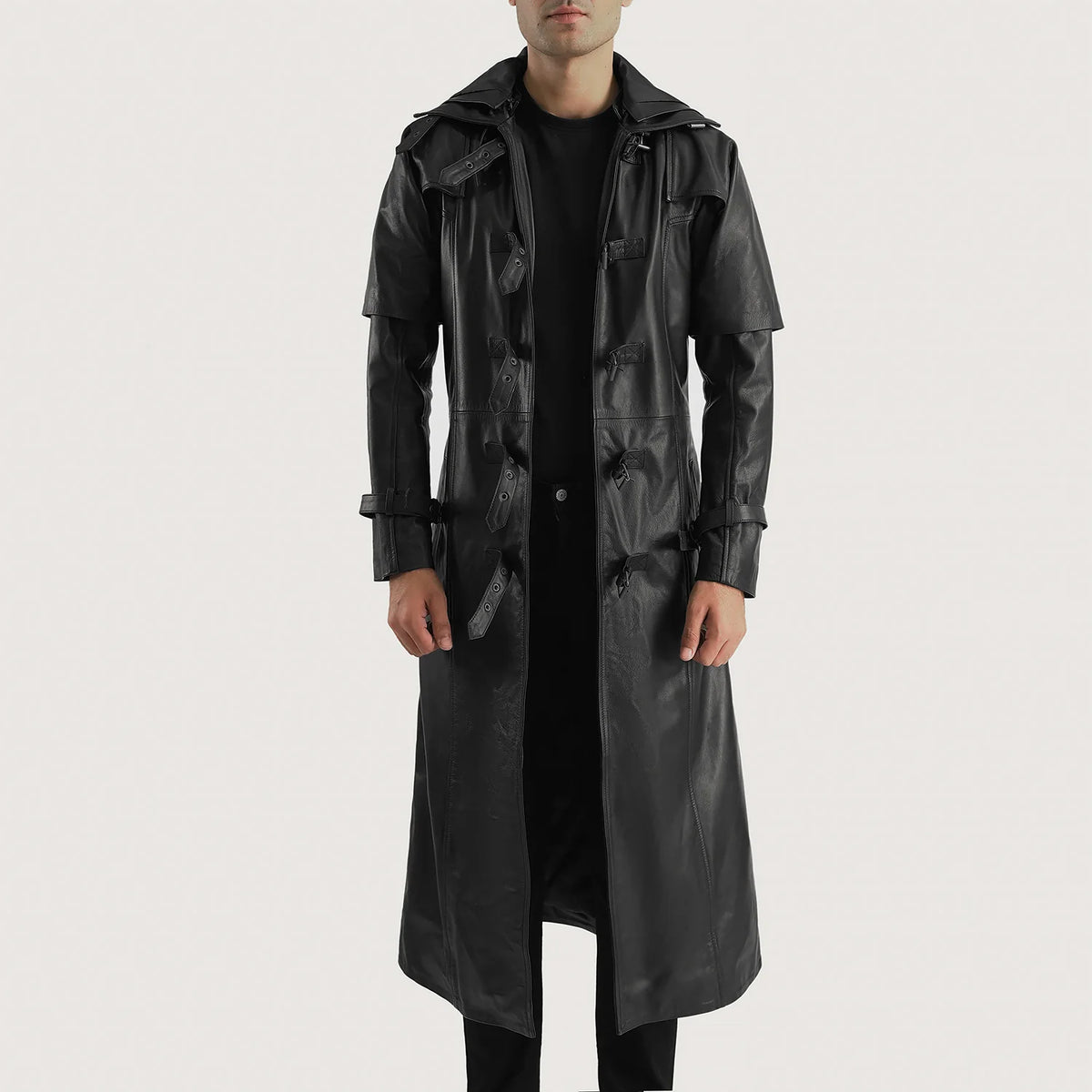Open Black Leather Trench Jacket Huntsman Black Hooded Leather