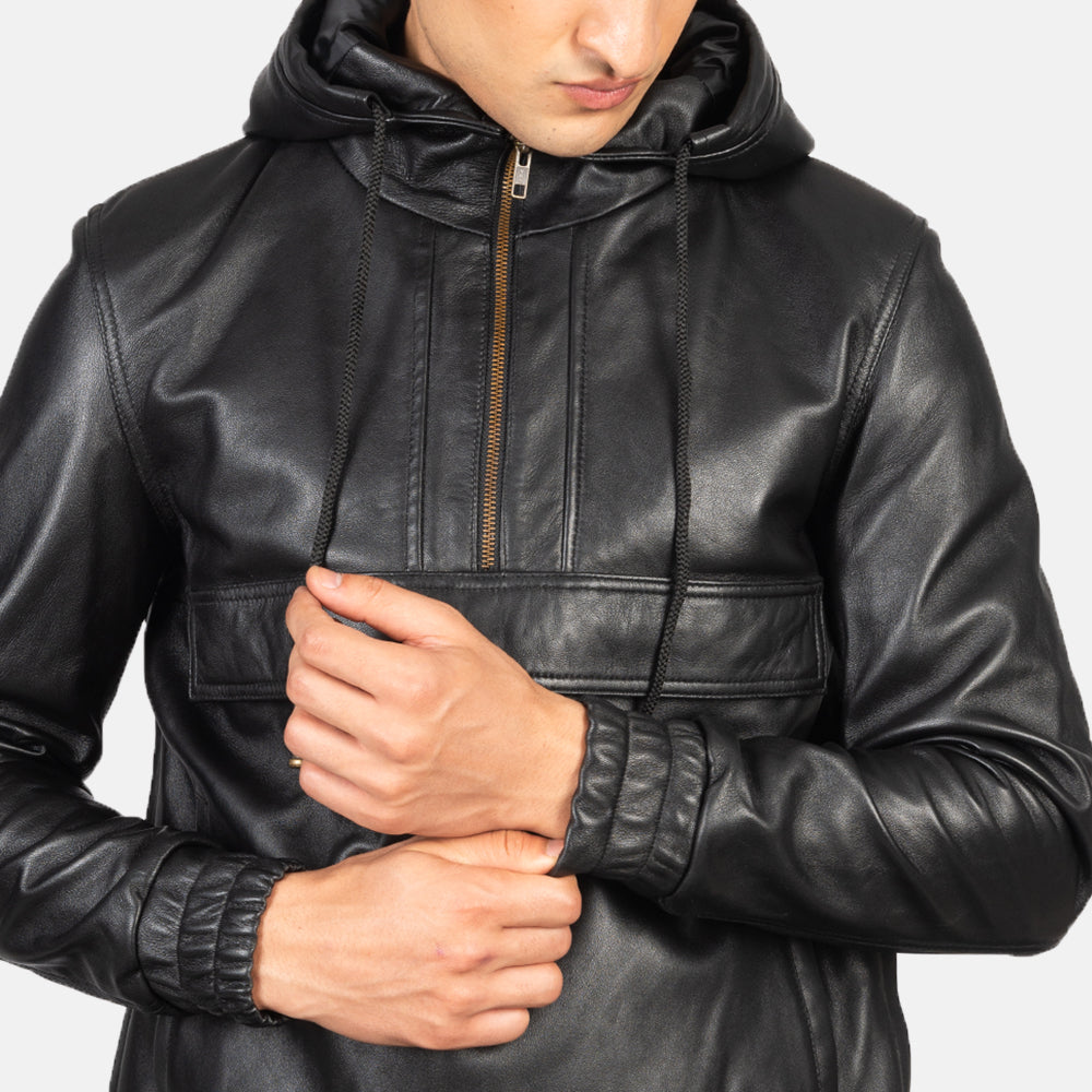 Men's Kenton Hooded Black Leather Pullover Jacket – The Jacket Maker