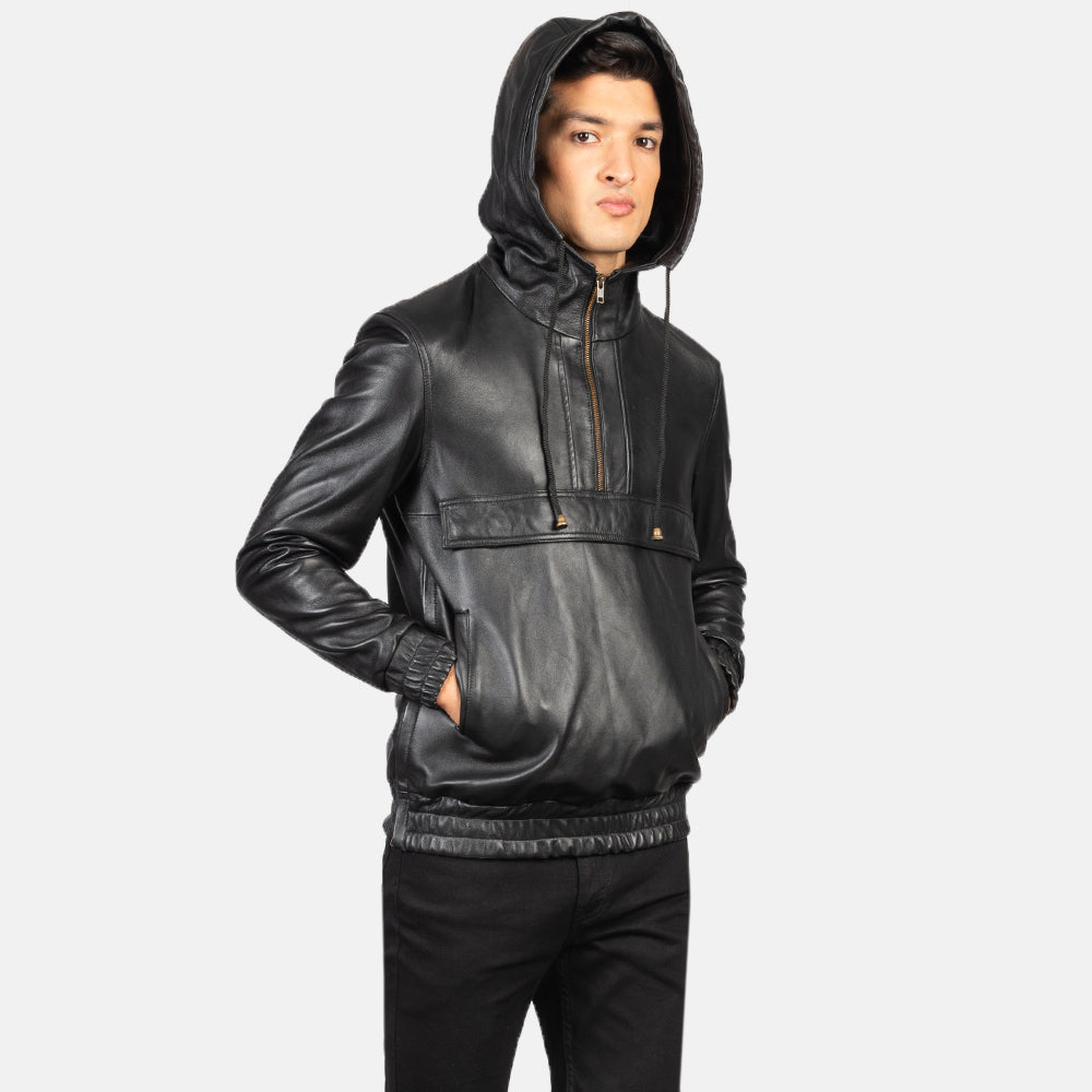 Men's Kenton Hooded Black Leather Pullover Jacket – The Jacket Maker