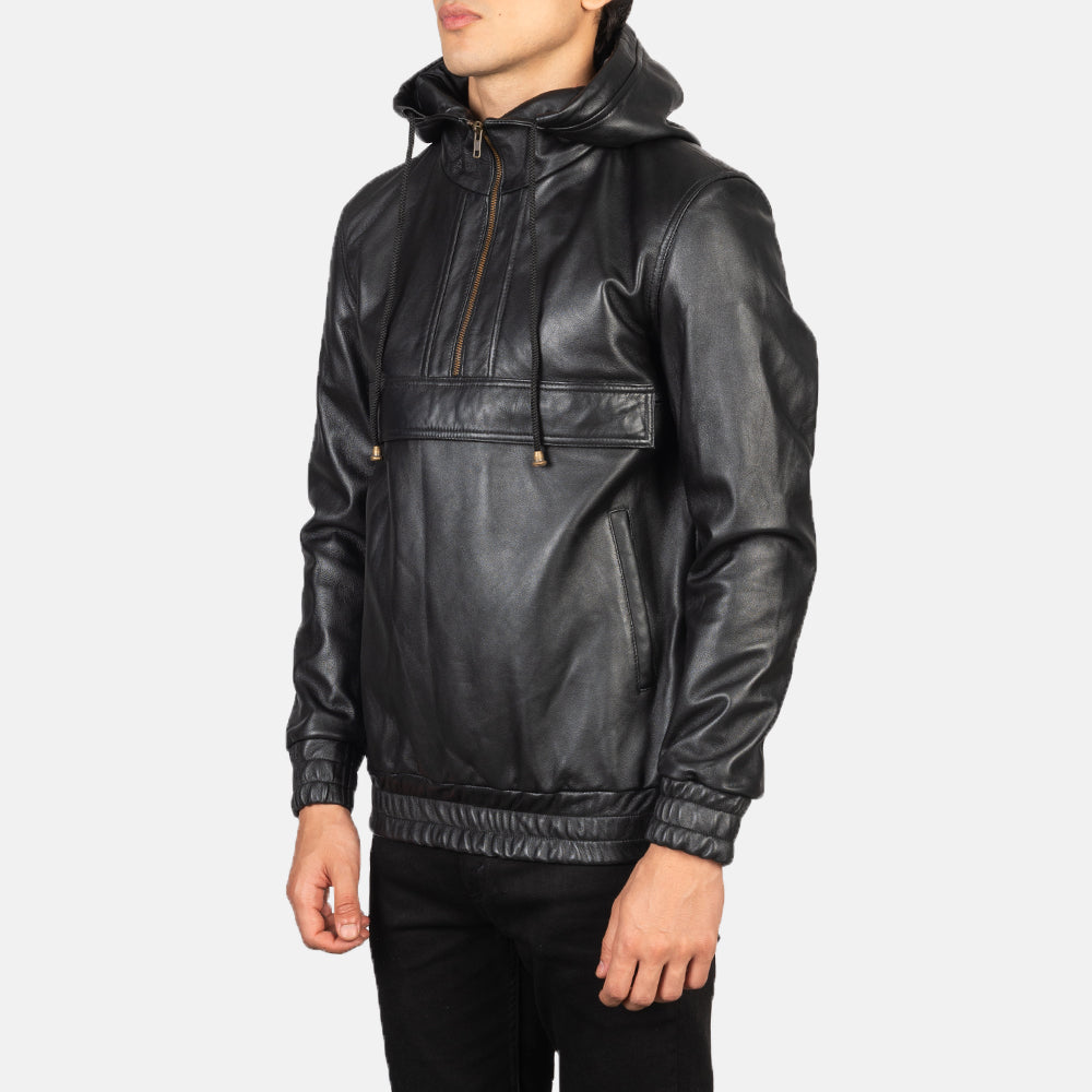 Men's Kenton Hooded Black Leather Pullover Jacket – The Jacket Maker