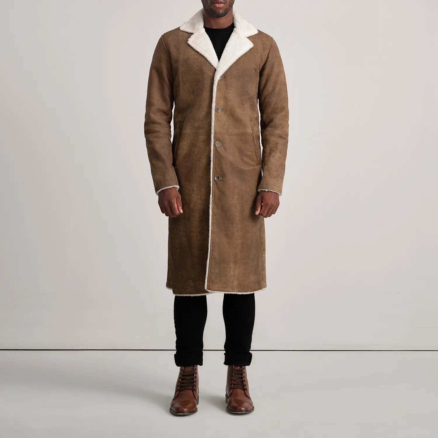 Kolby Distressed Brown Shearling Long Coat - The Jacket Maker
