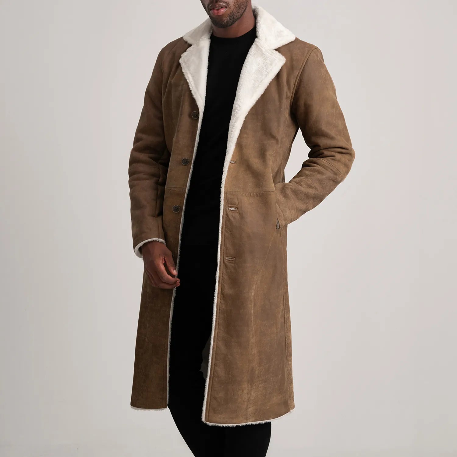 Kolby Distressed Brown Shearling Long Coat - The Jacket Maker