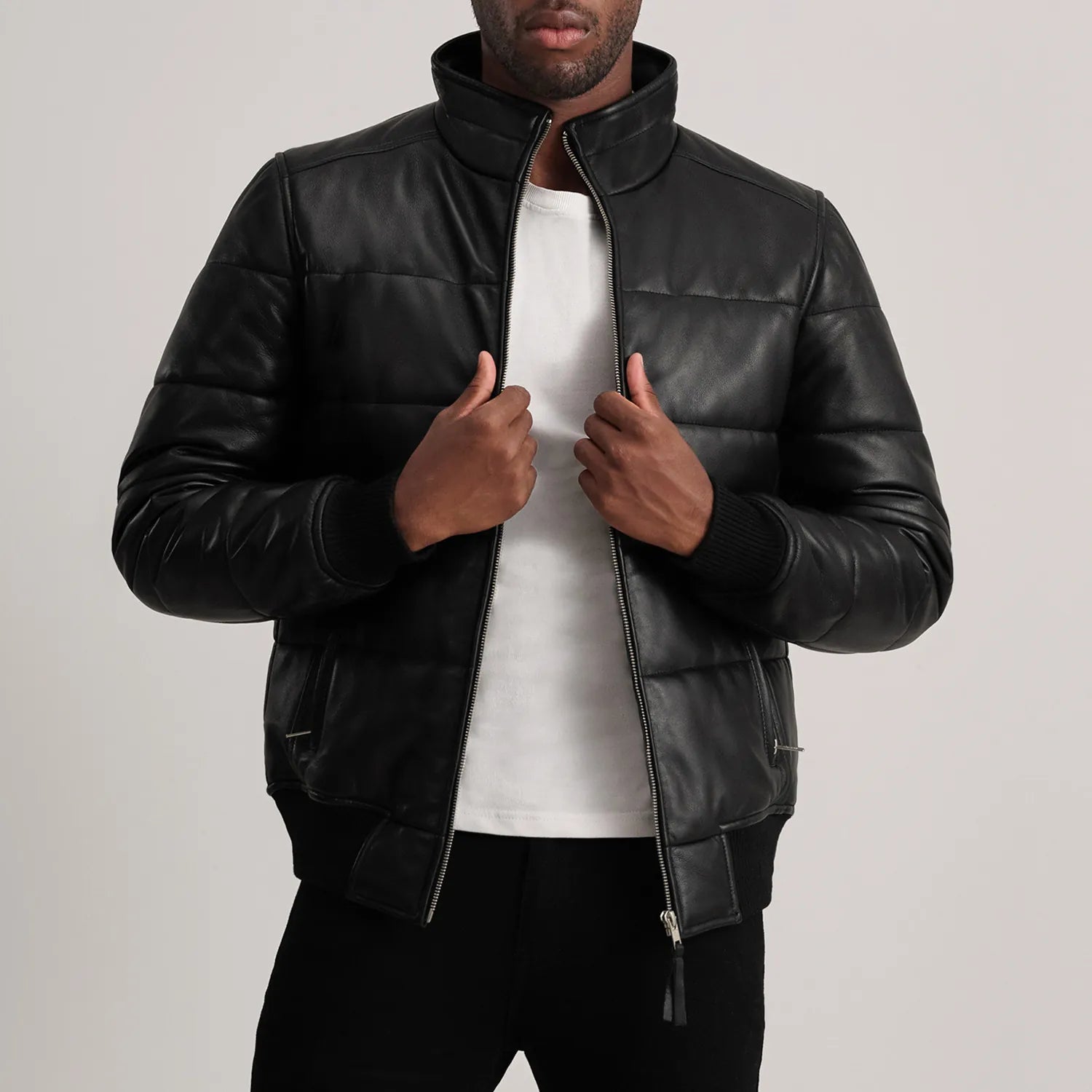 Lucas Black Leather Puffer Bomber Jacket - The Jacket Maker