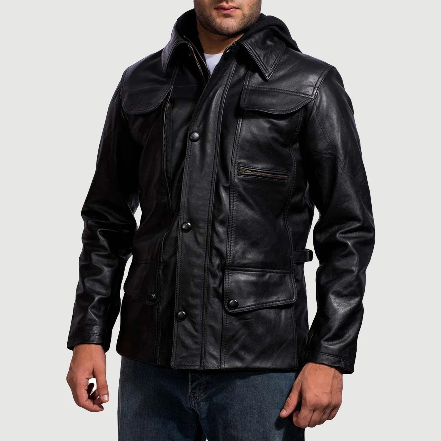 Men's Moulder Hooded Black Leather Jacket – The Jacket Maker