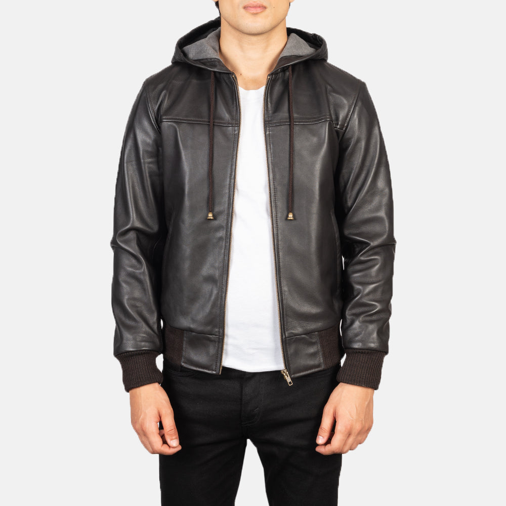 新品NKNIT synthetic leather jacket BROWN 0 Men_s_Nintenzo_Brown_Hooded_Le