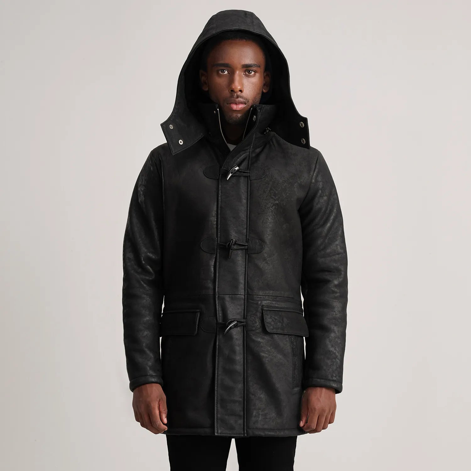 Nolan Black Snuffed Leather Duffle Coat - The Jacket Maker