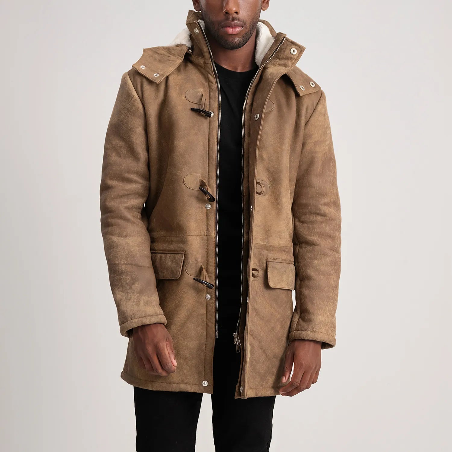 Nolan Distressed Brown Leather Duffle Coat - The Jacket Maker