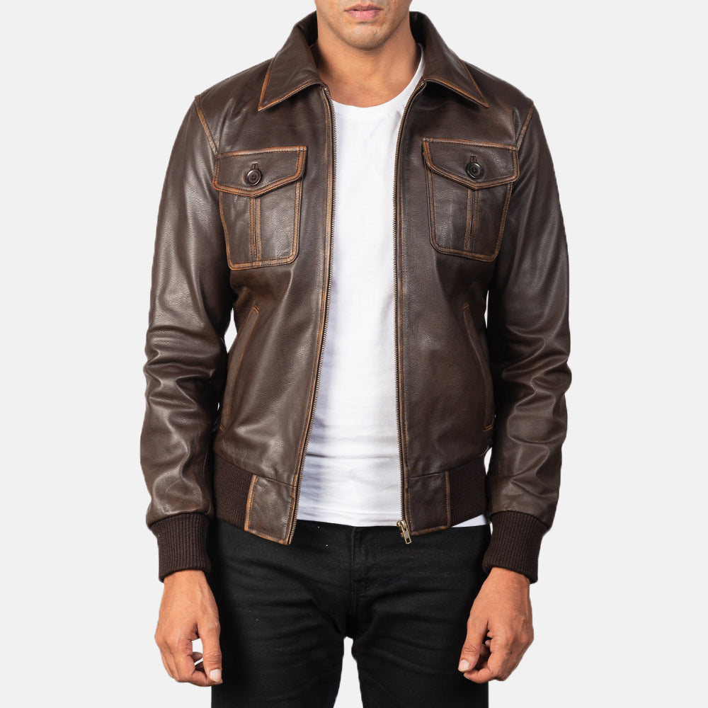 Men's Aaron Distressed Brown Leather Bomber Jacket – The Jacket Maker