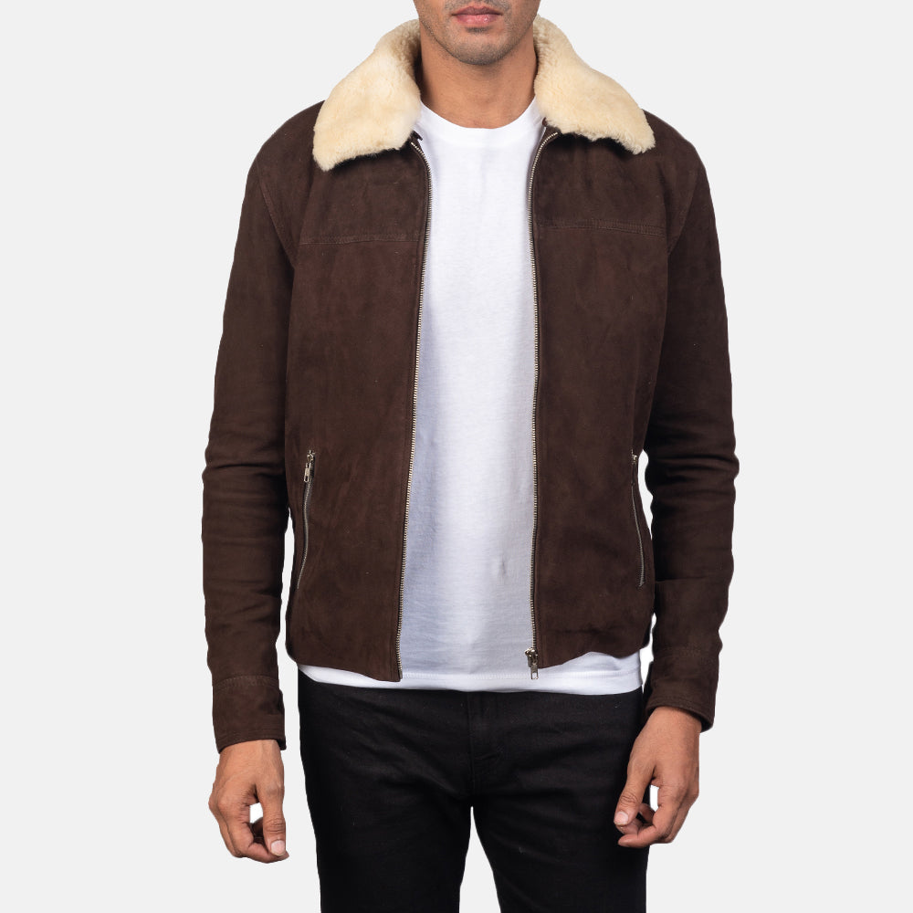 Shearling Mens Brown Faux Suede Jacket Men's Brown Faux-Suede