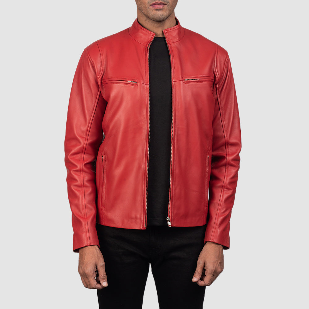 Color Deep Red Leather Jacket Men's Ionic Red Leather Biker Jacket