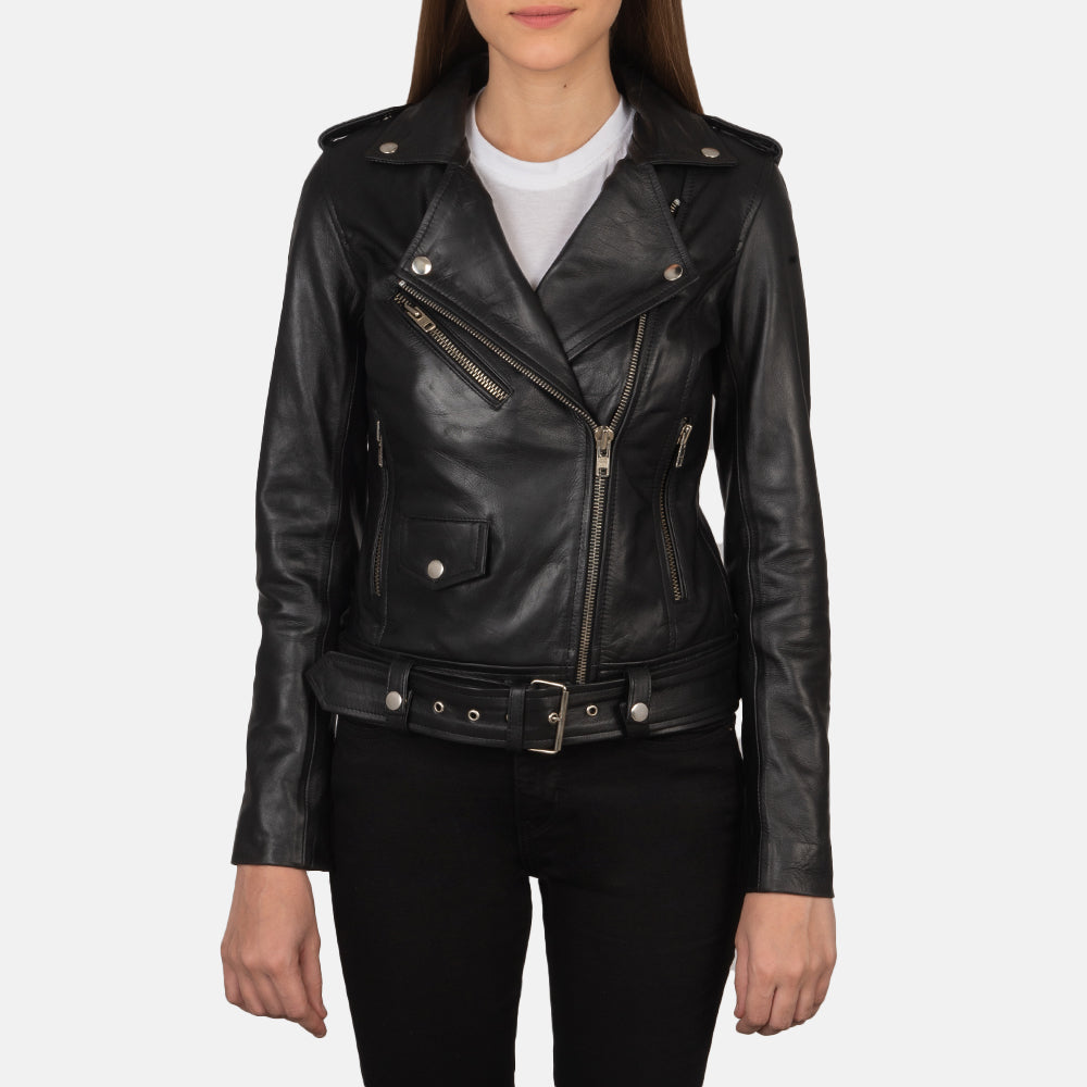 womens black leather dress jacket Womens Black leather jacket with decorative pockets main image 1