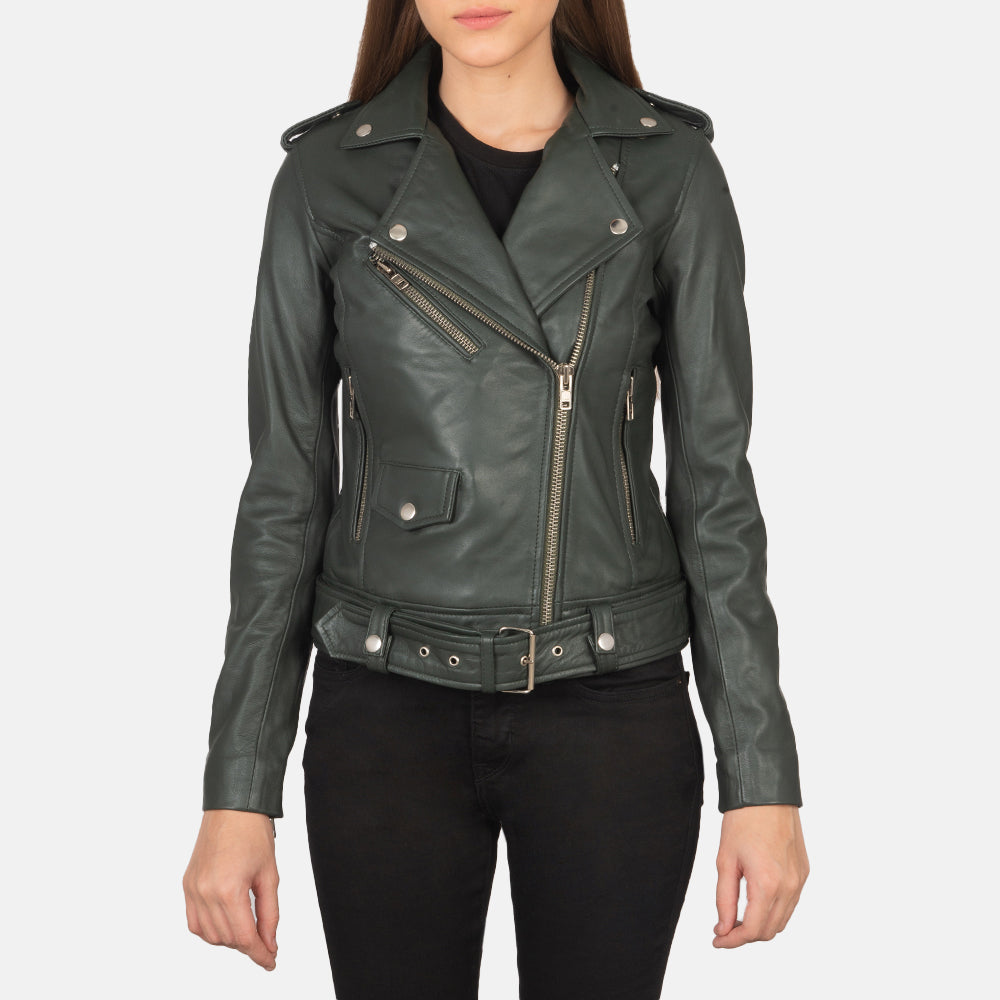 green - green グリーン モーターサイクル ライダースジャケット レザー ブラック レディース Women's Alison Green Leather Biker Jacket – The Jacket Maker