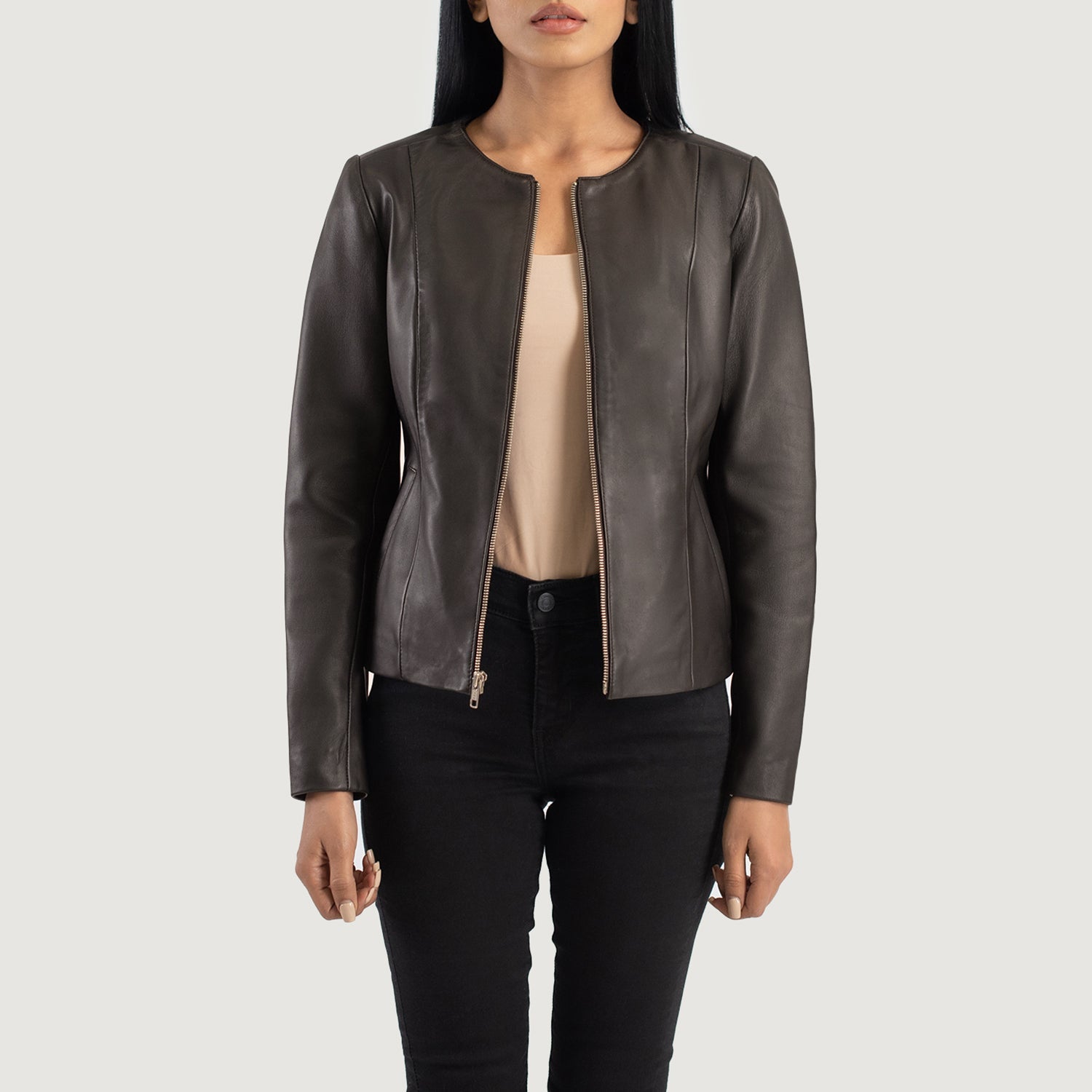 Women's Elixir Brown Collarless Leather Jacket – The Jacket Maker