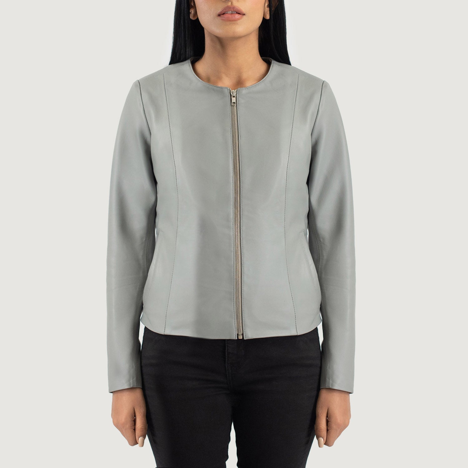 Women's Elixir Grey Collarless Leather Jacket – The Jacket Maker