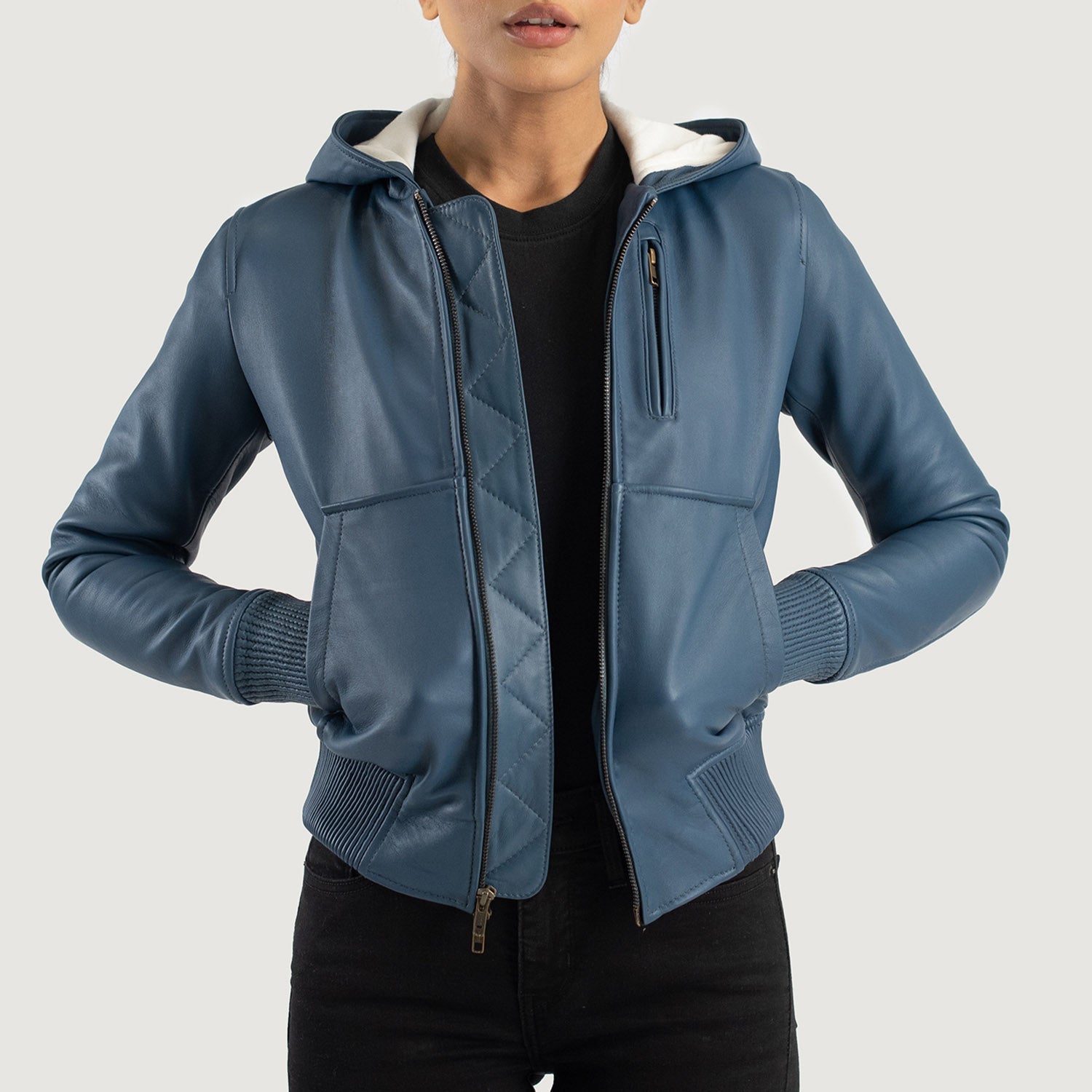 Women's Luna Blue Hooded Leather Bomber Jacket – The Jacket Maker