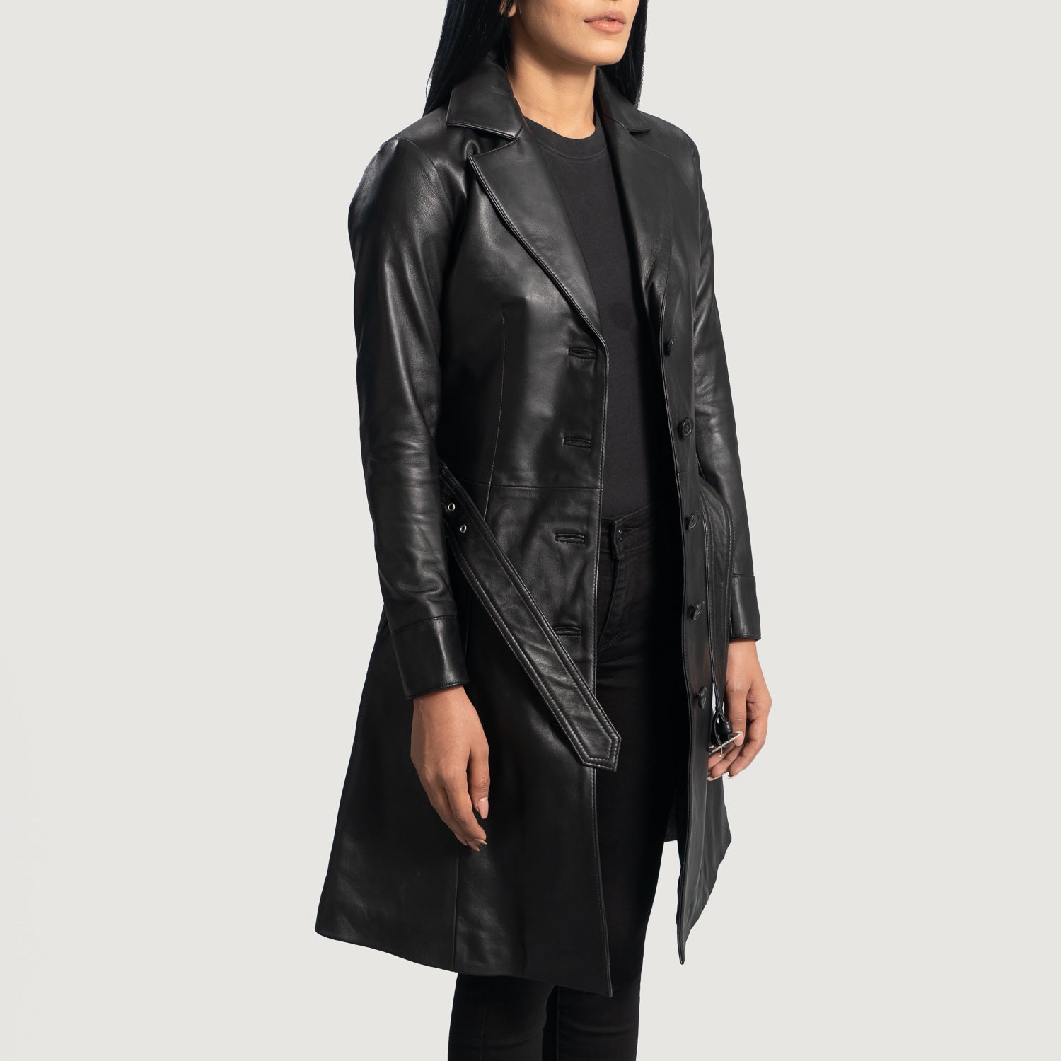 leather ladies black mac coat