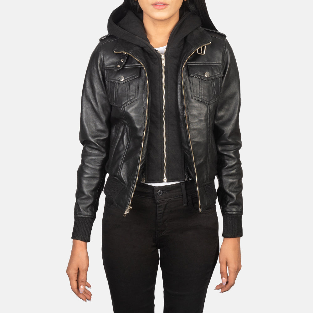 Women's Roslyn Black Hooded Leather Bomber Jacket – The Jacket Maker