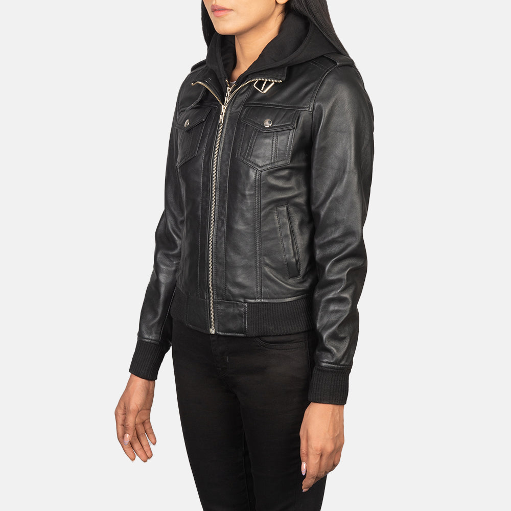 Women's Roslyn Black Hooded Leather Bomber Jacket – The Jacket Maker