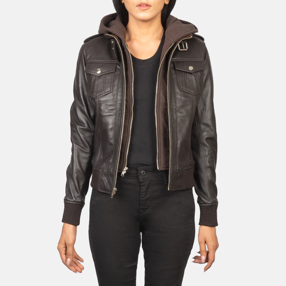 Women's Roslyn Brown Hooded Leather Bomber Jacket – The Jacket Maker