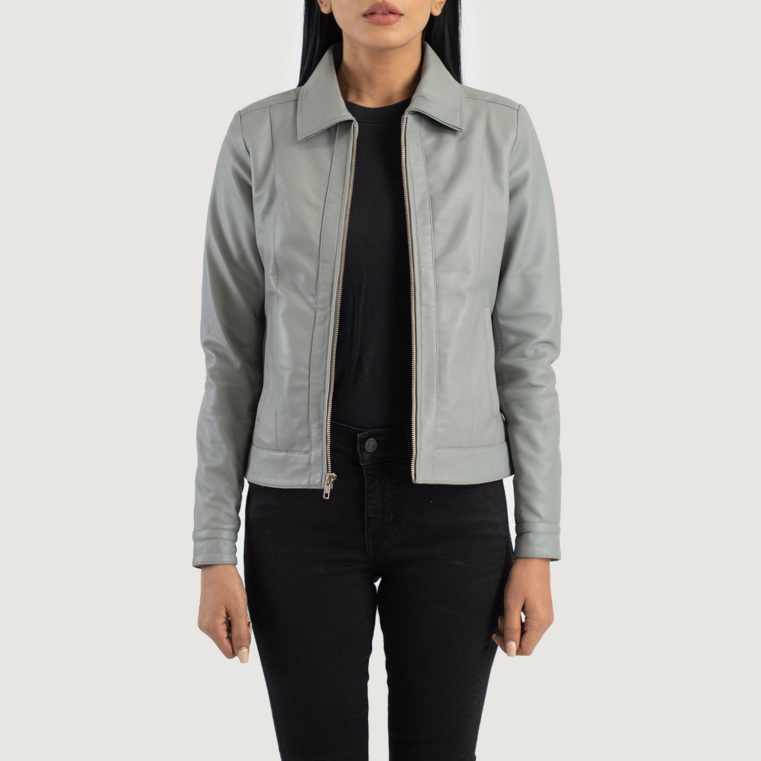 The Jacket Maker Women’s Vixen Grey Classic Collar Leather Jacket