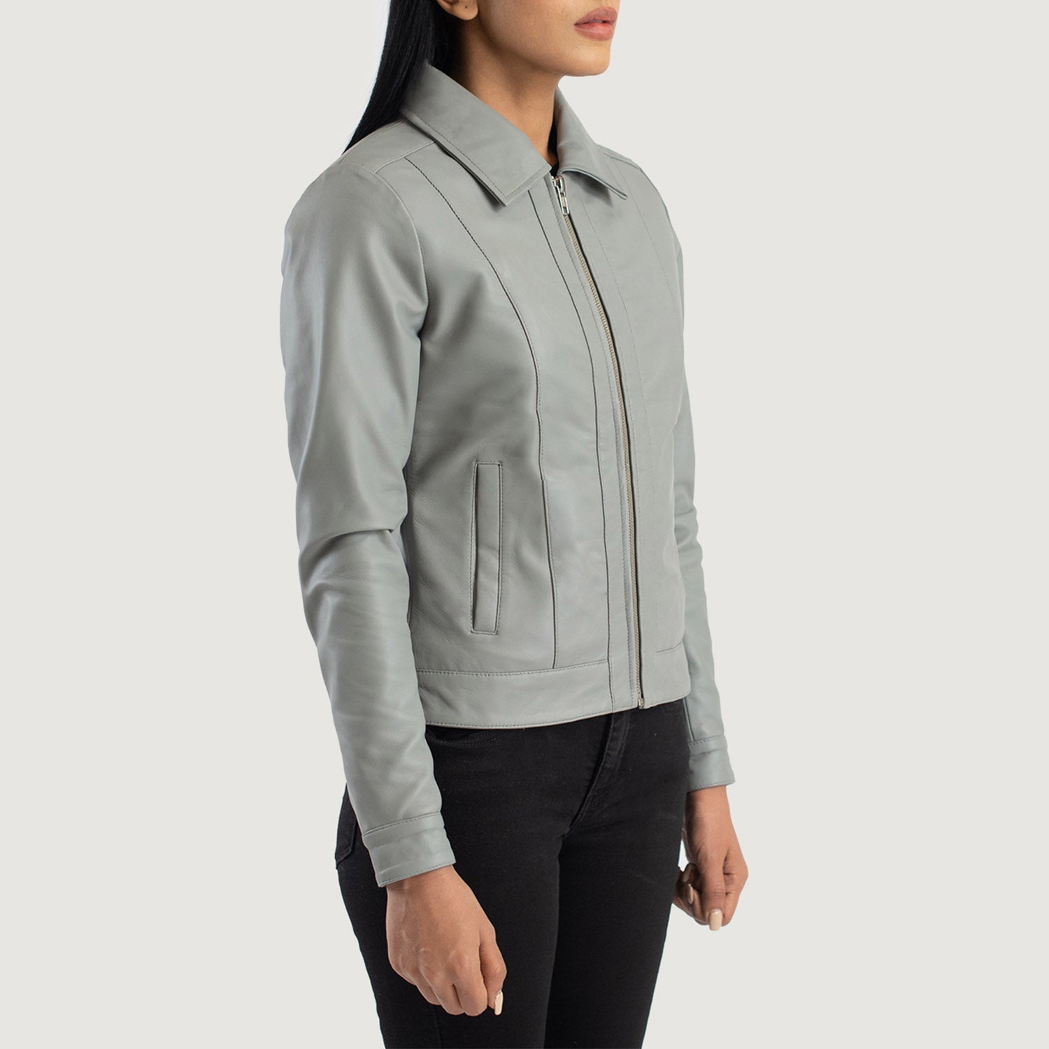 The Jacket Maker Womens Vixen Grey Classic Collar Leather Jacket The Jacket Maker Womens Vixen Grey Classic Collar Leather Jacket