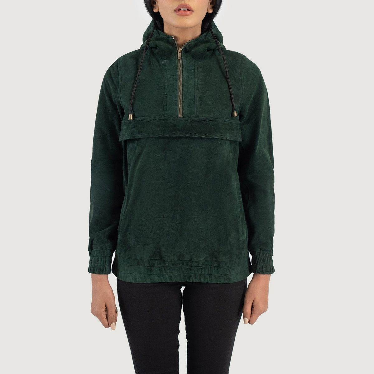 Faded Green Jacket With High Neck And Front Patch Pockets In Suede