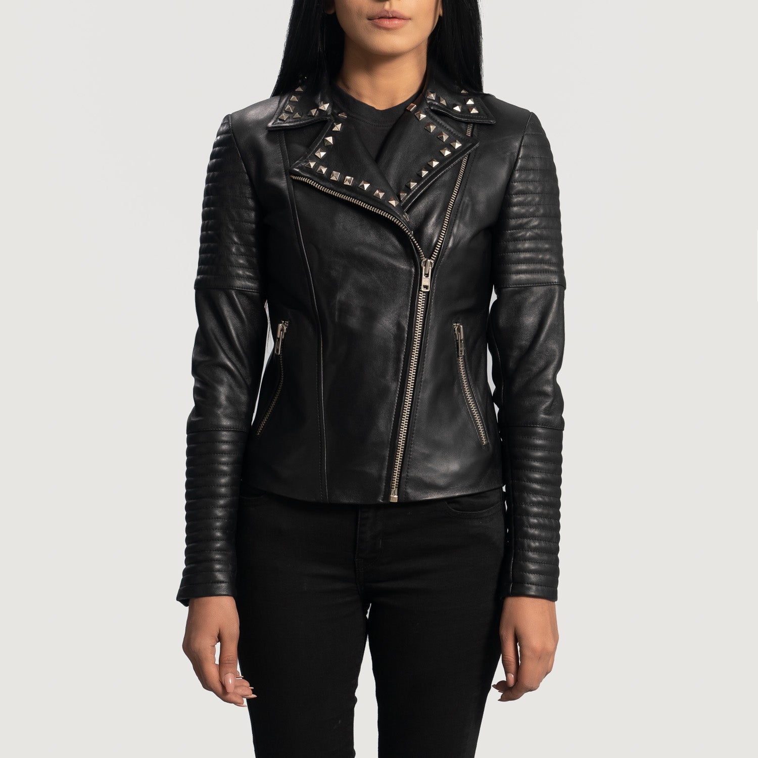 Women's Sally Mae Studded Black Leather Biker Jacket – The