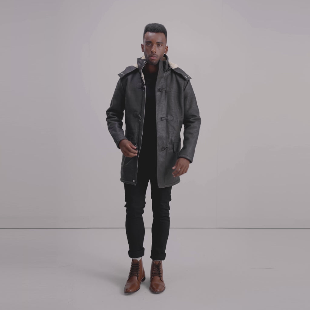 Nolan Tumbled Brown Leather Duffle Coat - The Jacket Maker